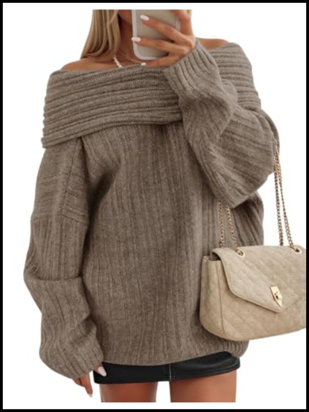 Off Shoulder Sweater Oversized Ribbed Knit Long Sleeve Winter Pullover